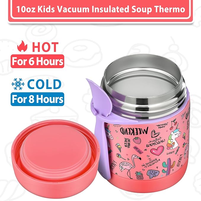 10oz Soup Thermo for Hot Food Kids,Lunch Thermo Kids Food Jar with Spoon Hot Insulated Food Containers,Leak Proof Stainless Steel Wide Mouth Lunch Food Thermo Jar for School(Pink-Flamingo)