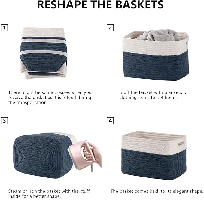 4 Pack Storage Baskets for Organizing, Woven Baskets for Shelves - Perfect for Toys, Books, Towels, and Clothes, Durable Gift Basket Bins Toy Storage, 12.7''L x9''W x7.8''H, Blue and White