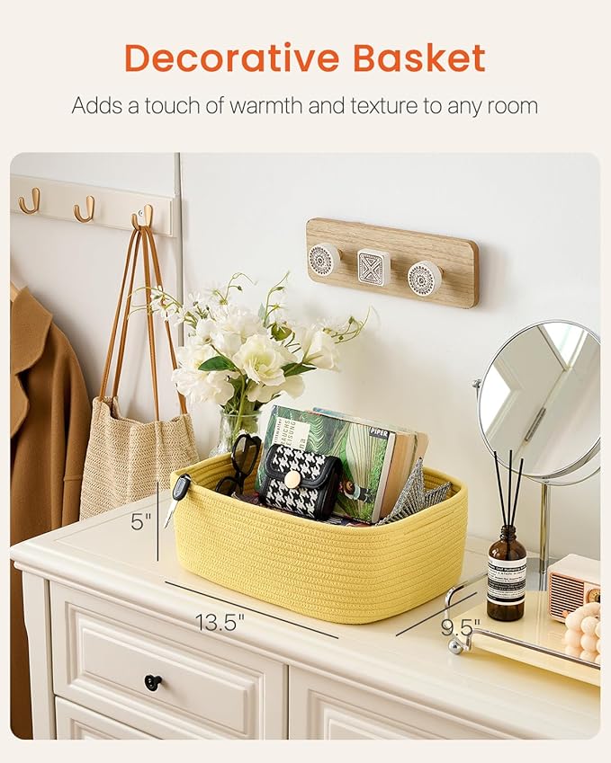 KALLAX Small Woven Basket, 13.5 x 9.5 x 5 Inches, Storage Basket for Organizing, Cute Small Rope Shelf Closet Cube Storage Bins Baskets for Shelves, Dog Toy Gift Baskets Empty, 3 Pack Yellow