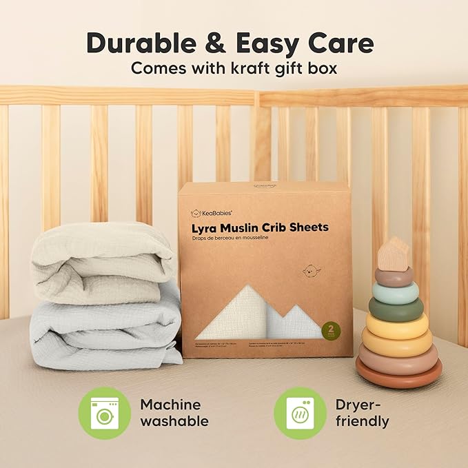 KeaBabies 2-Pack Muslin Crib Sheets for Boys, Girls - 100% Organic Cotton Fitted Baby Crib Mattress Sheet, Soft Breathable Standard Toddler Bed Cover Bedding Set, Neutral, Durable 52x28 (Greige)