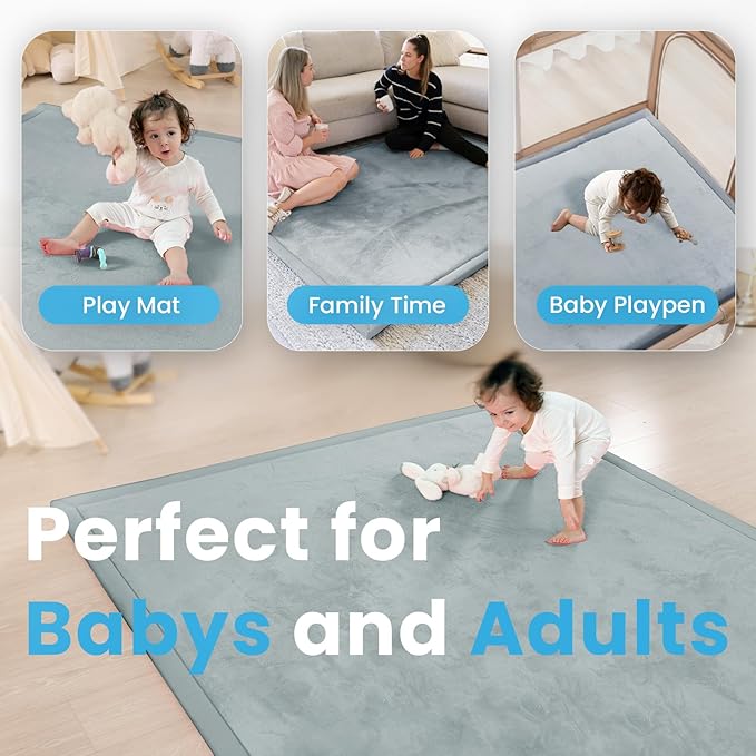 1.3" Thick Baby Play Mat for Floor, 79x79 Large Foam Tummy Time Mat, Padded Support Soft Plush Nursery Rug for Infant Kids Toddler Crawling Kick Activity (Light Grey)