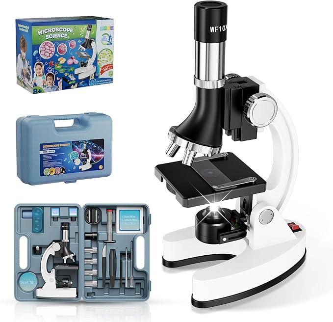 2400X Kids Microscope Science Kit - Handheld Microscope for Kids with Prepared Slides Metal Body LED Light Carrying Box Educational Compound Toy Set for Children Ages 8-12 5 Year Old Boys & Girls Gift