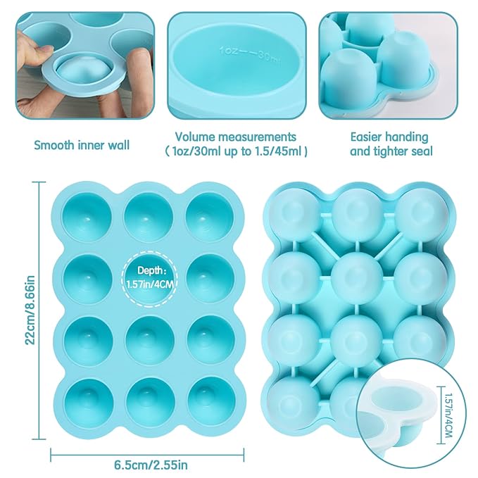 12x1.5oz Baby Food Freezer Tray with Clip Lid Light Green | Food Grade Silicone Storage Containers for Purees & Vegetables