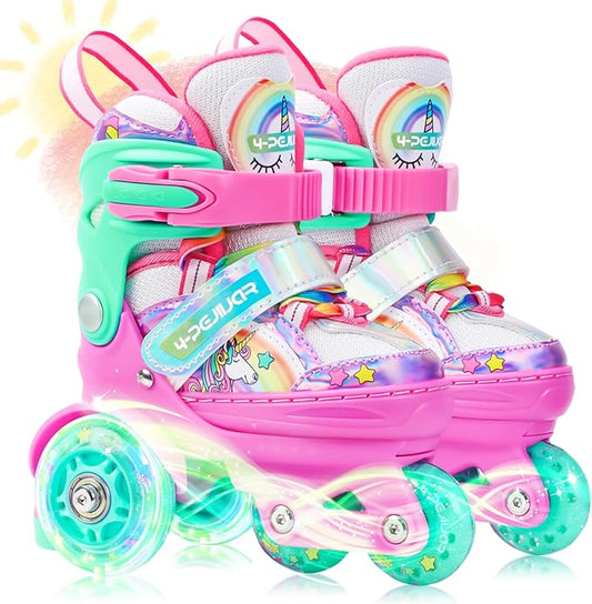 4-Pejiijar Rainbow Unicorn Kids Roller Skates for Girls Toddler Ages 2-4 5-8 8-12,Adjustable Roller Shoes with Luminous Wheels for Birthday Xmas Gifts