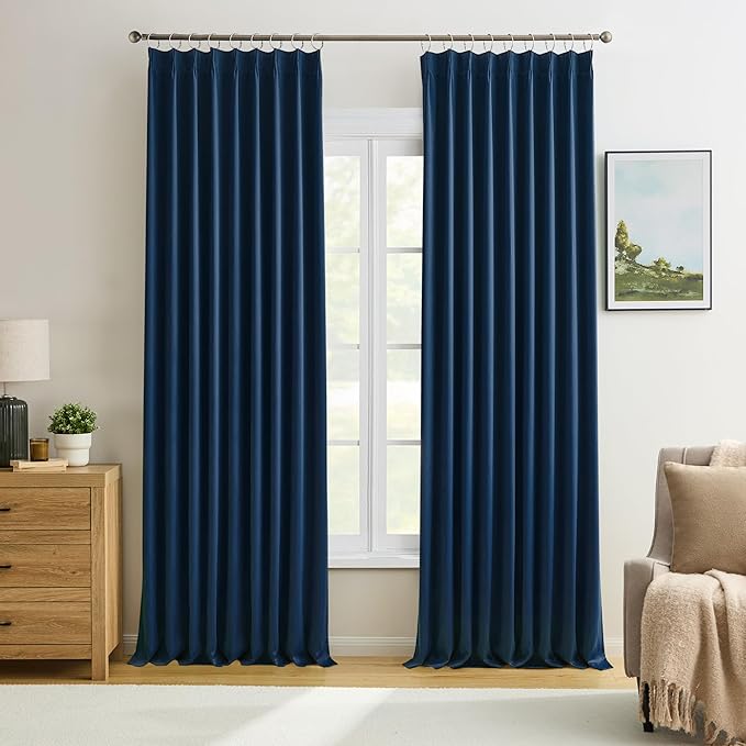 KEQIAOSUOCAI 2 PCs Navy Blue Pleat Wide Drapes for Sliding Glass Door 60 Wide x 105 Inch Long, Privacy Light Block Noise Reduce Insulated Ceiling to Floor for Locker Room Basement Bedroom Closet
