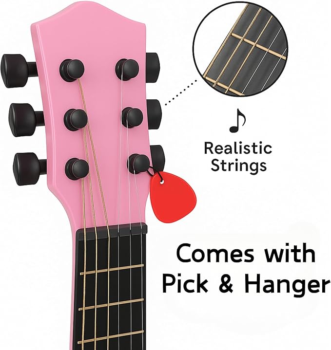 23" Acoustic Guitar, Kids 6 String Toy Guitar - Realistic Steel Strings - Beginner Practice First Musical Instrument for Children, Toddlers (Pink)