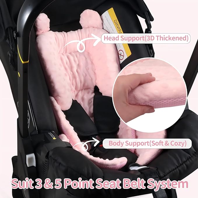 3in1 Reversible Carseat Head Body Support Newborn,3D Minnky Infant Car Seat Insert,Extra Soft Breathable Baby Car Seat Pillow Cushion Boys Girls,fit Stroller,Bouncer,Swing(Pink)