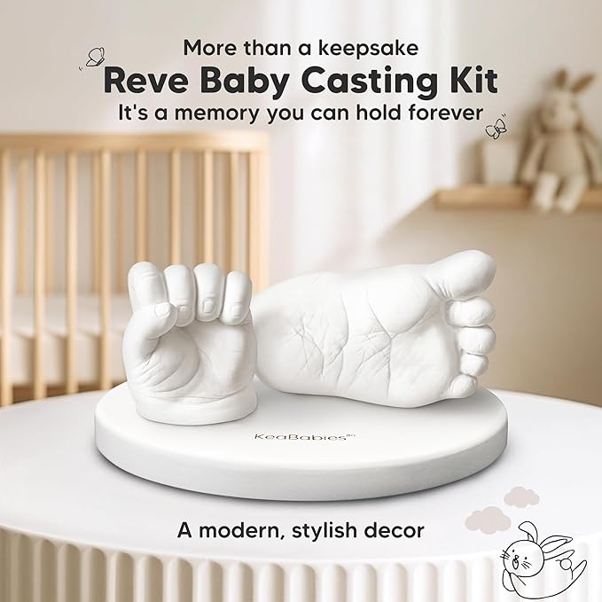 KeaBabies Baby Casting Kit Hands and Feet Mold - 3D Newborn Hand Casting Kit & Stylish Wood Base,Easy DIY Infant Foot Molds 0-9 Months,BPA-Free Baby Keepsake,Shower Gifts for Moms (Round,Alpine White)