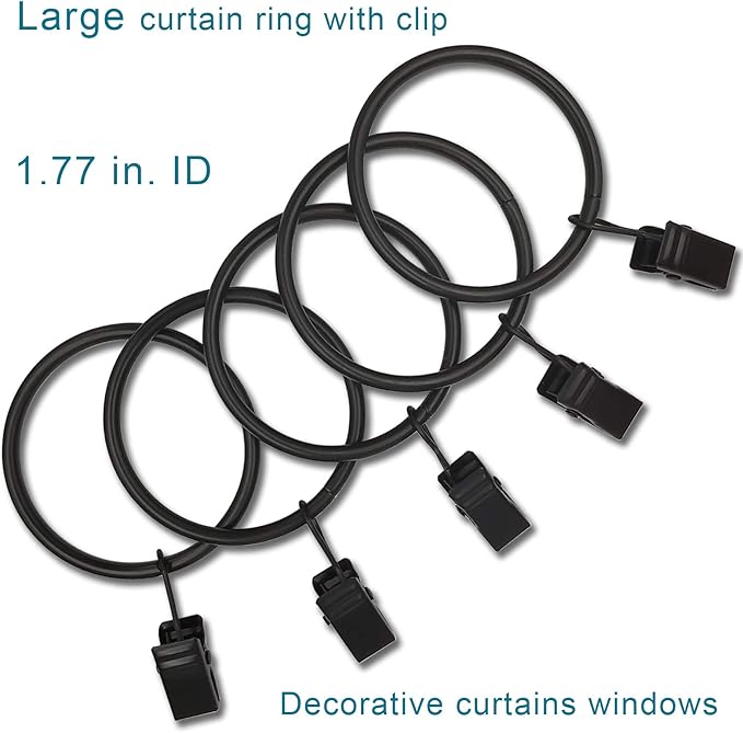 20 Pack Black Curtain Rings with Clips, Curtain Hooks Hangers Clip Rings for Hanging Drapes Bows Hat, Drapery Rings 1.77 in I D, Fits up to 1.5 in Diameter Curtain Rod.