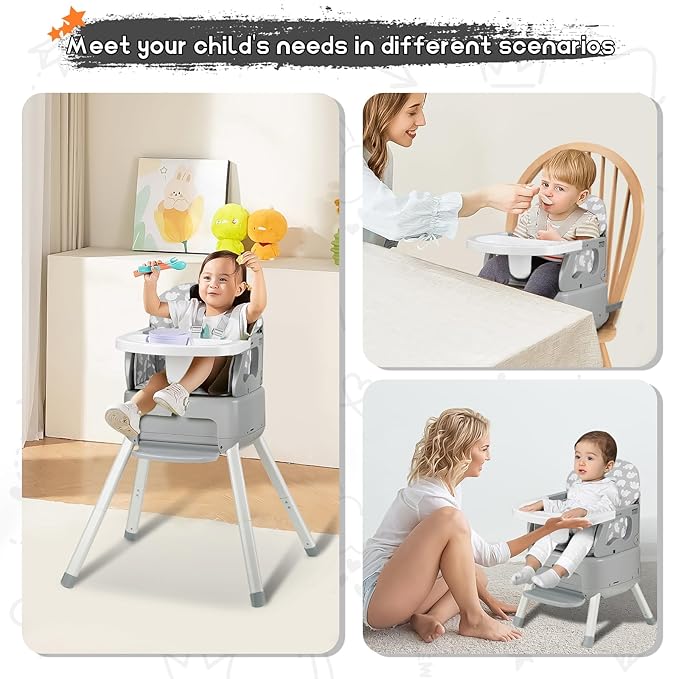 4 in 1 Portable Baby High Chair,Convertible Highchair for Babies & Toddlers-Foldable Infant Booster Seat,Carry Small Box,Dining Chair,Toddler High Chair with 5-Point Harness,Removable Tray-Grey