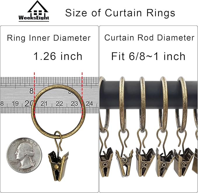 100 Pack Bronze Curtain Rings with Clips, Curtain Hooks Hangers Clip Rings for Hanging Drapes Bows Hat, Drapery Rings 1.26 in I D, Fits up to 1 in Diameter Curtain Rod.