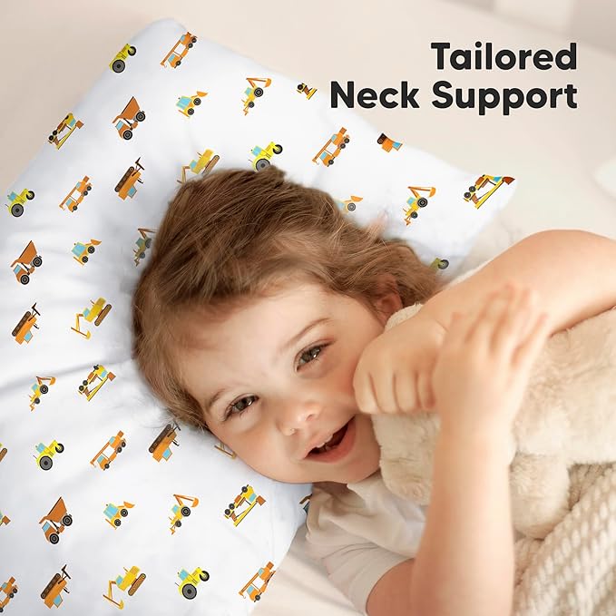 KeaBabies Toddler Pillow with Pillowcase, Jumbo 14X20 - Soft Organic Cotton Toddler Pillows for Sleeping - Machine Washable - Perfect for Travel, Toddler Bed Set (Construction)