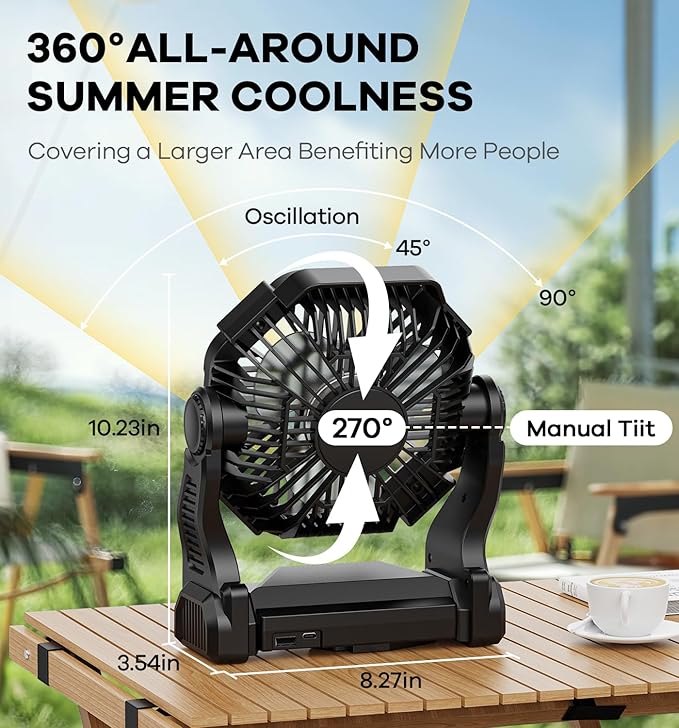 15000mAh Portable Battery Powered Camping Fan - with LED Light, Quiet Battery Operated, Camping Gear for Travel, Tent, Beach, Car or Hurricane Power Outages，Black