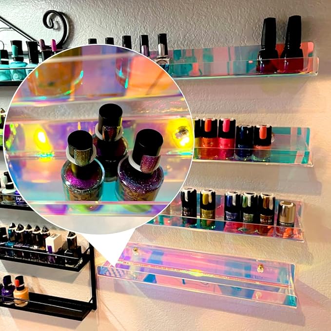 4 Pack 15 Inch Iridescent Acrylic Shelves, Clear Rainbow Floating Shelves for Wall, Modern Sunglasses Essential Oil Picture Ledge Display Toy Storage Wall Shelf