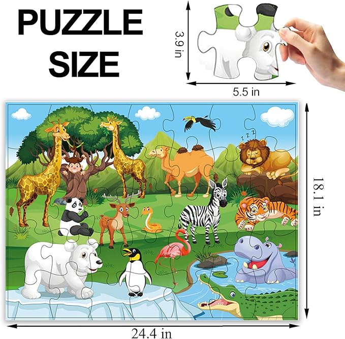 Jumbo Floor Puzzle for Kids, Large Jigsaw Puzzles 35 Piece for Kids Ages 3-5,Preschool Learning & Education Toys, Gifts for 4-8 Year Old Boys and Girls (Grassland Animal)