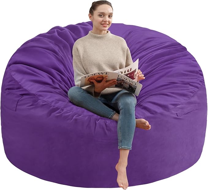 3FT Bean Bag Chair, Comfy Bean Bag Chairs with Memory Foam Filled, Fluffy Beanbag Sofa with Dutch Velvet Cover, Round BeanBag Chairs for Living Room, Playroom - Purple
