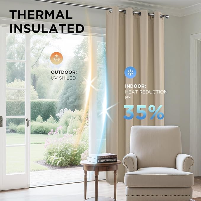 Joydeco Blackout Curtains 72 Inch Length 2 Panels Set, Thermal Insulated Long Curtains& Drapes 2 Burg, Room Darkening Grommet Drapes for Living Room Bedroom Window (W52 x L72 Inch, Light Beige)