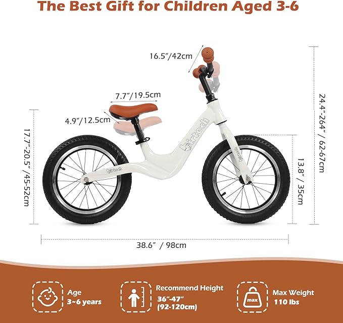 14" Kids Balance Bike for 3,4,5,6 Year Old Boys and Girls, Air Tires with Magnesium Alloy Frame, Lightweight No Pedal Toddler Training Bicycle