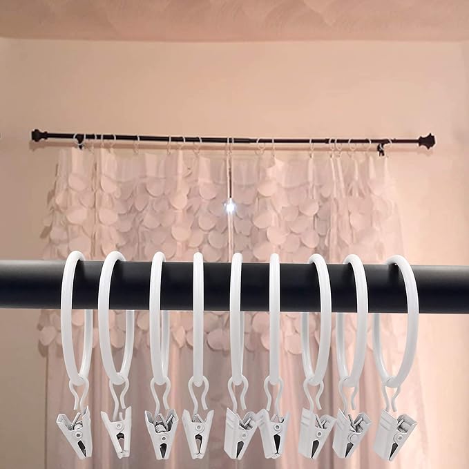 20 Pack White Curtain Rings with Clips, Curtain Hooks Hangers Clip Rings for Hanging Drapes Bows Hat, Drapery Rings 1.77 in I D, Fits up to 1.5 in Diameter Curtain Rod.
