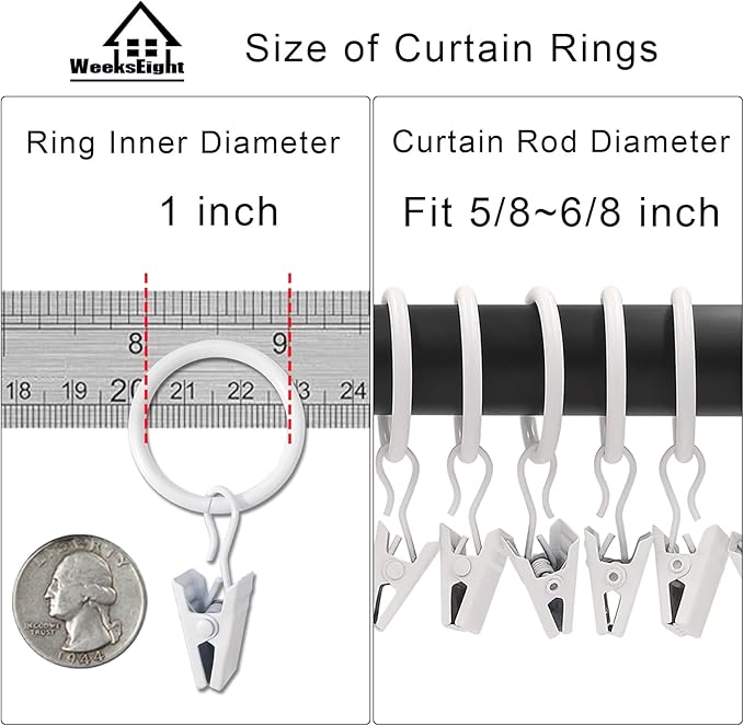 100 Pack White Curtain Rings with Clips, Curtain Hooks Hangers Clip Rings for Hanging Drapes Bows Hat, Drapery Rings 1 in I D, Fits up to 5/8 in Diameter Curtain Rod.