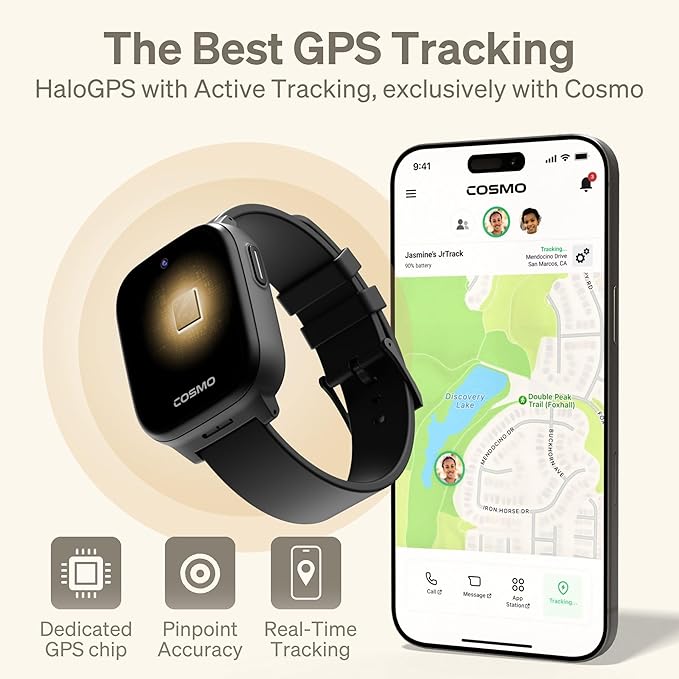 JrTrack 5 Kids Smart Watch by Cosmo | Best Kid-Safe Phone Watch | Precision Real-Time GPS Tracking | Call, Text, Activity, School Settings | Spotify Music | Parental Controls | SOS & Safety Alerts