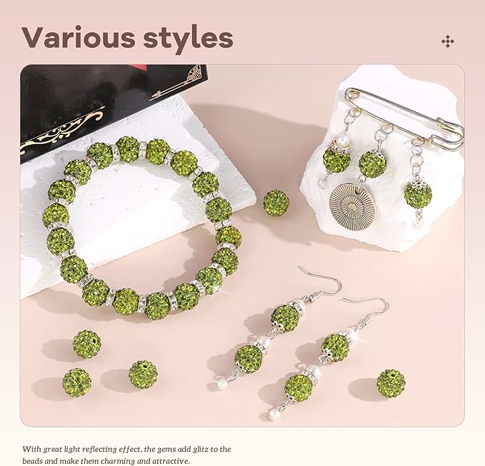 105pcs 10mm Rhinestone Beads for Jewelry Making, Olivine Shiny Round Disco Ball Beads Bulk, Sparkle Crystal Clay Christmas for Bracelet Baseball Necklace Earring Crafting and DIY