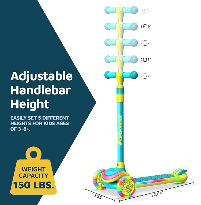 3-Wheel Kids Scooter with Multi-Color Lights on Deck & Wheels – 5-Height Adjustable Handlebar, Wide Anti-Slip Deck, Child Safety Certified, Boys & Girls Ages 3+ Supports Up to 150 lbs