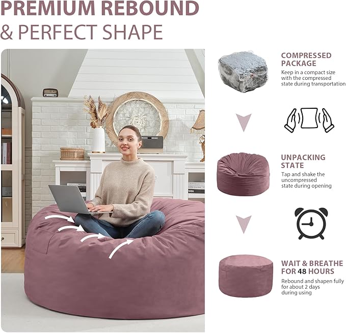 3FT Bean Bag Chair, Comfy Bean Bag Chairs with Memory Foam Filled, Fluffy Beanbag Sofa with Dutch Velvet Cover, Round BeanBag Chairs for Living Room, Playroom - Dusty Pink