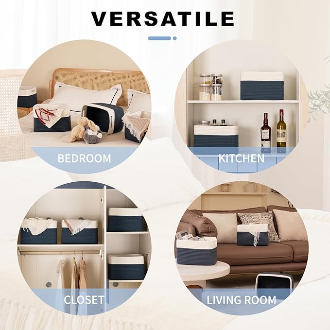 4 Pack Storage Baskets for Organizing, Woven Baskets for Shelves - Perfect for Toys, Books, Towels, and Clothes, Durable Gift Basket Bins Toy Storage, 12.7''L x9''W x7.8''H, Blue and White