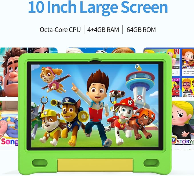 JREN Kids Table 10.1" ｜Android 14 Tablet for Kids｜64GB Storage｜Octa-Core｜WiFi ｜Cameras｜Parental Control｜Kids Content｜Case Included Great Gift for Children Ages 3-12 Years Old Green