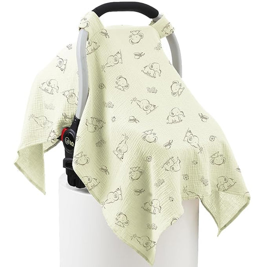 100% Muslin Cotton Car Seat Cover Baby, Carseat Canopy Cover, Universal Fit Stroller Covers for Boys and Girls (Cute Elephant)