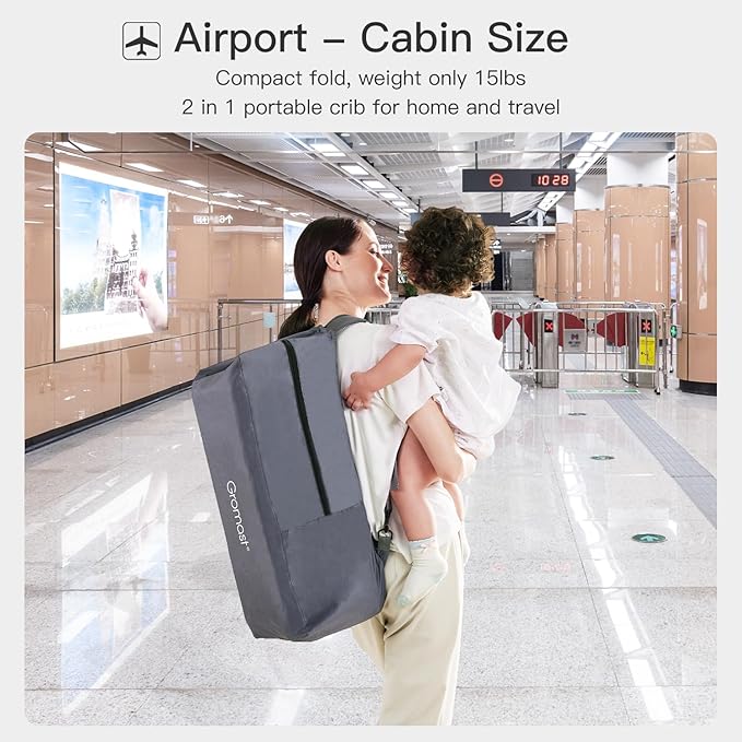 2 in 1 Portable Travel Crib for Toddler, Foldable Crib for Baby, Lightweight Playpen Collapsible Playard with Soft Mattress, Easy to Carry Baby Travel Bed for Outdoor, Indoor (Grey)