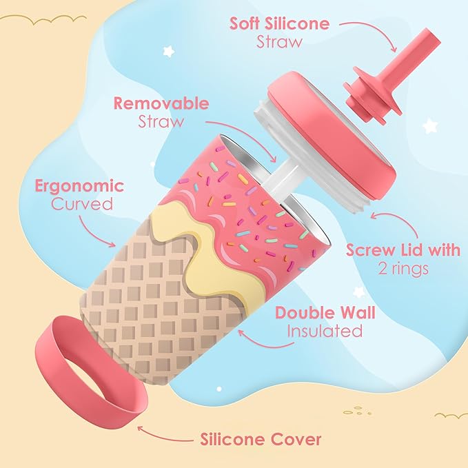 Kid Insulated Stainless Steel Tumbler with Silicone Straw, 12oz Sippy Cup for Kids (Sweet Ice Cream)