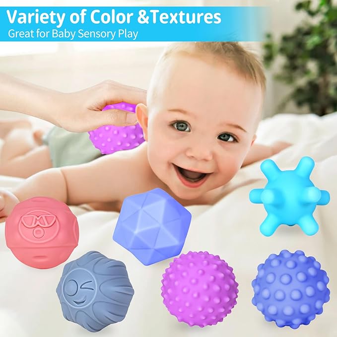 12 Pcs Sensory Balls for Toddlers, Sensory Baby Toys, Montessori Toy for Babies Squeeze, Infant Toys Soft Multi Ball Set Gifts with Bright Color Textured