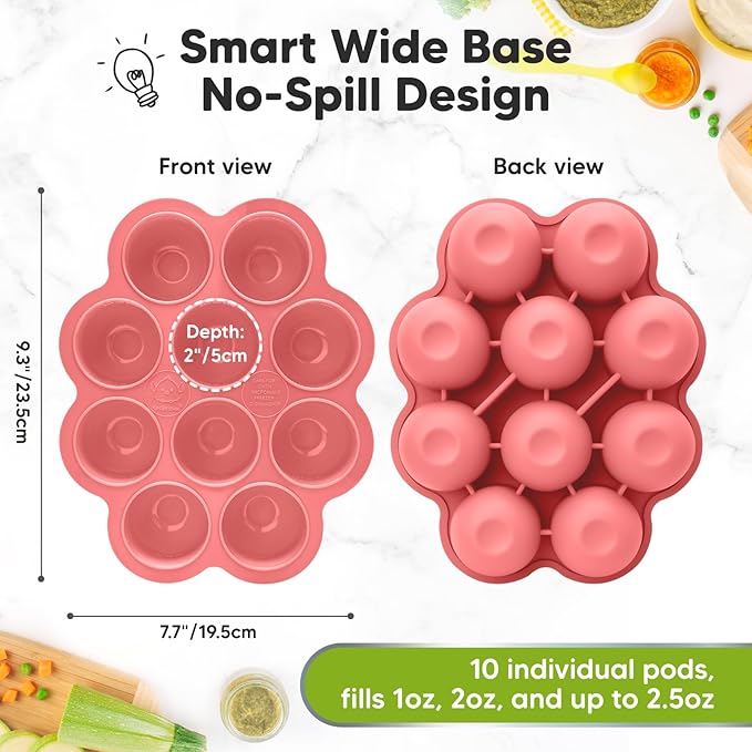 KeaBabies Silicone Food Freezer Trays with Lid, 2oz x 10 Pods Baby Food Storage Containers, Easy Puree Meal Prep, Breast Milk Silicone Freezer Molds, Dishwasher,Microwave Safe,BPA-Free(Blossom)