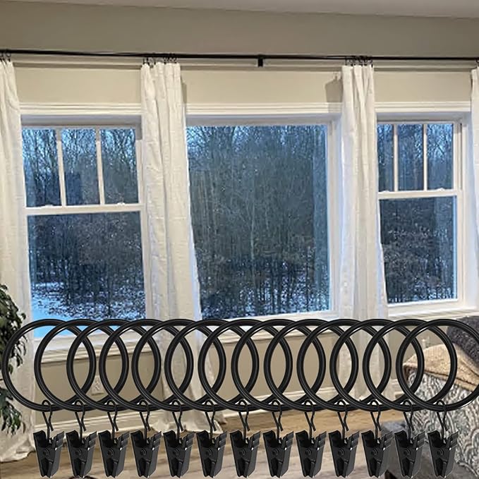 100 Pack Black Curtain Rings with Clips, Curtain Hooks Hangers Clip Rings for Hanging Drapes Bows Hat, Drapery Rings 1.5 in I D, Fits up to 1.2 in Diameter Curtain Rod.