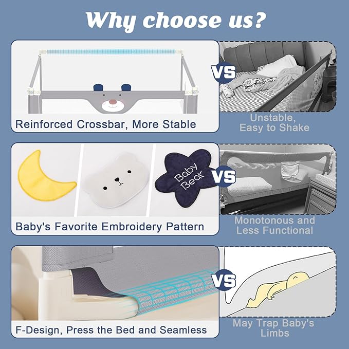 3-Piece Bed Rail for Toddlers with Headboard Rod, Adjustable Baby Bed Rail Guard (78.7 * 78.7 * 59 Inch-Queen Size)