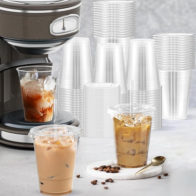100 Pack - 16 oz Clear Plastic Cups with Lids and Straws, Sturdy & Food Safe Iced Coffee Cups with lids, Disposable Plastic Smoothie Cups for Cold Drinks