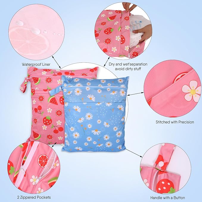 2pcs Travel Waterproof Laundry Bag, Cloth Diaper Wet Dry Bags with Handle & 2 Zipper Pockets, Reusable Washable Dirty Clothes Bag for Baby Adult Travelling Hanging, Bathing Beach Pool Daycare