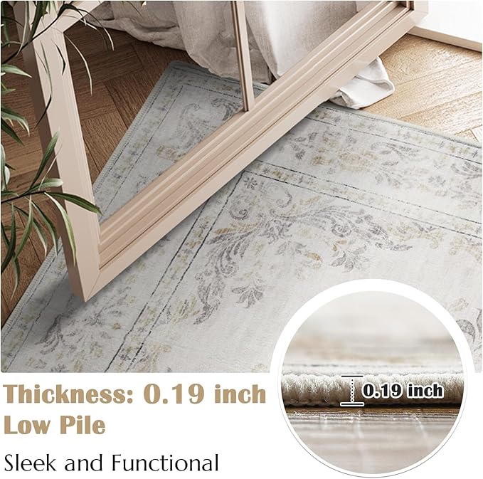 jinchan Vintage Floral 8x10 Area Rugs for Living Room - Machine Washable Distressed Design Soft Throw Rug Thin Non-Slip Large Carpet for Bedroom Nursery Dining Room Home Office (8x10ft,Light Grey)
