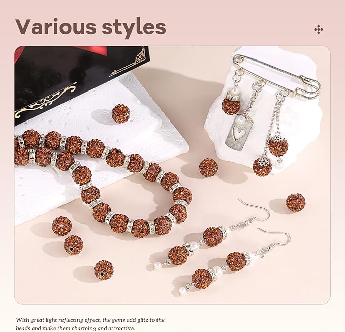 160pcs 10mm Rhinestone Beads for Jewelry Making, Brown Shiny Round Disco Ball Beads Bulk, Sparkle Crystal Clay Christmas for Bracelet Baseball Necklace Earring Crafting and DIY