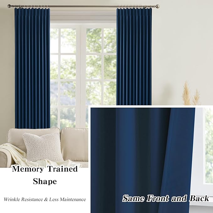 KEQIAOSUOCAI 2 PCs Navy Blue Pleat Wide Drapes for Sliding Glass Door 60 Wide x 102 Inch Long, Privacy Light Block Noise Reduce Insulated Ceiling to Floor for Locker Room Basement Bedroom Closet
