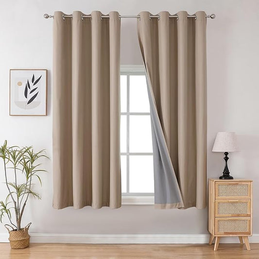 Joydeco Taupe Curtains 63 Inch Length for Bedroom, Solid Blackout Curtains 63 Inch Length for Livingroom, Grommet Thermal Insulated Solid Polyester Room Darkening Curtains 63 Inches Long