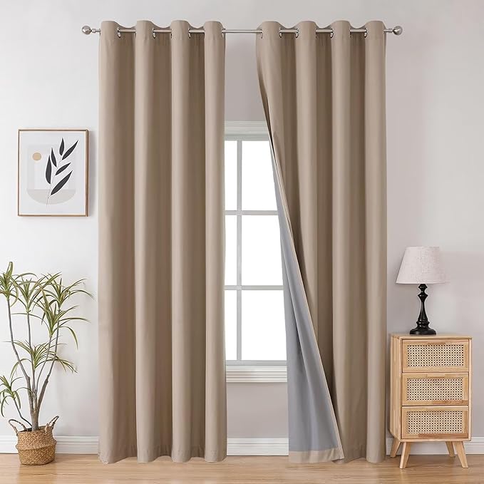 Joydeco Taupe Curtains 96 Inches Long for Bedroom, 100% Blackout Curtains 96 Inches Long for Living Room, Grommet Thermal Insulated 96 Inch Black Out Drapes 2 Panels for Bedroom Windows