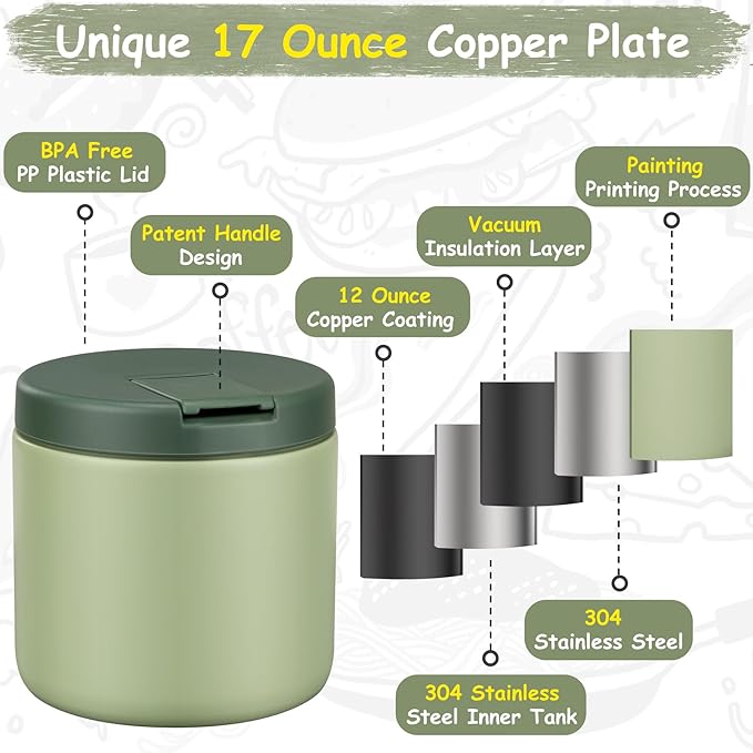 19oz Insulated Vacuum Food Jar with Buckle Lid Wide Mouth Soup Thermo for Hot Food Kids Leakproof Stainless Steel Lunch Container- Green-1Pack