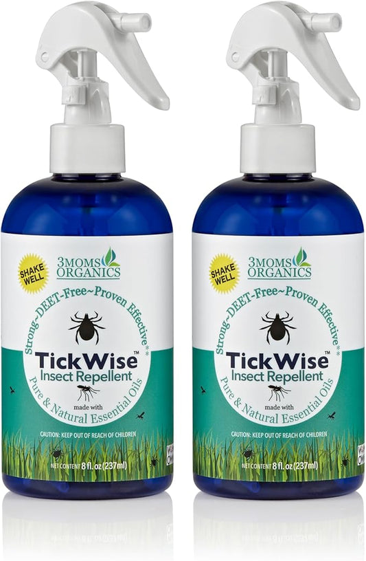 3 Moms Organics, TickWise 8oz Extra Strength Double Whammy 2-Pack - DEET- Free, Tick and Insect Repellent, Plant Based Essential Oils, All Natural Ingredients, Safe for Kids, Adults, Dogs & Horses