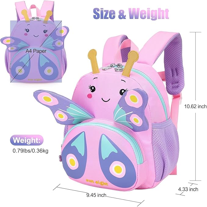 3D Butterfly Toddler Backpack - Cute Animal Cartoon Mini Travel Bag for Girls 1-3 Years,Waterproof Kids Preschool Backpack with Personalized Design (Butterfly Style)
