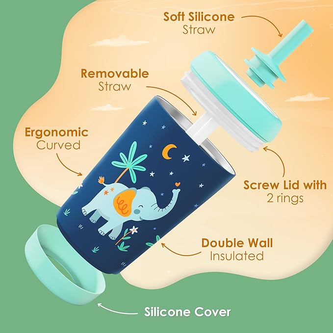 Kid Insulated Stainless Steel Tumbler with Silicone Straw, 12oz Sippy Cup for Kids (Dreamy Elephant)