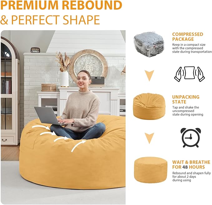 3FT Bean Bag Chair, Comfy Bean Bag Chairs with Memory Foam Filled, Fluffy Beanbag Sofa with Dutch Velvet Cover, Round BeanBag Chairs for Living Room, Playroom - Mustard