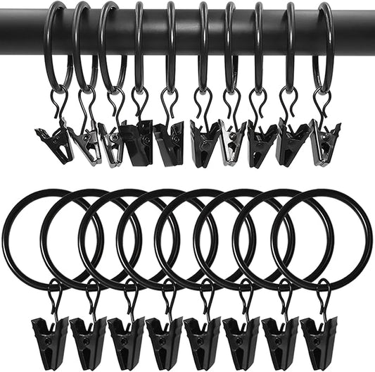 100 Pack Black Curtain Rings with Clips, Curtain Hooks Hangers Clip Rings for Hanging Drapes Bows Hat, Drapery Rings 1.26 in I D, Fits up to 1 in Diameter Curtain Rod.
